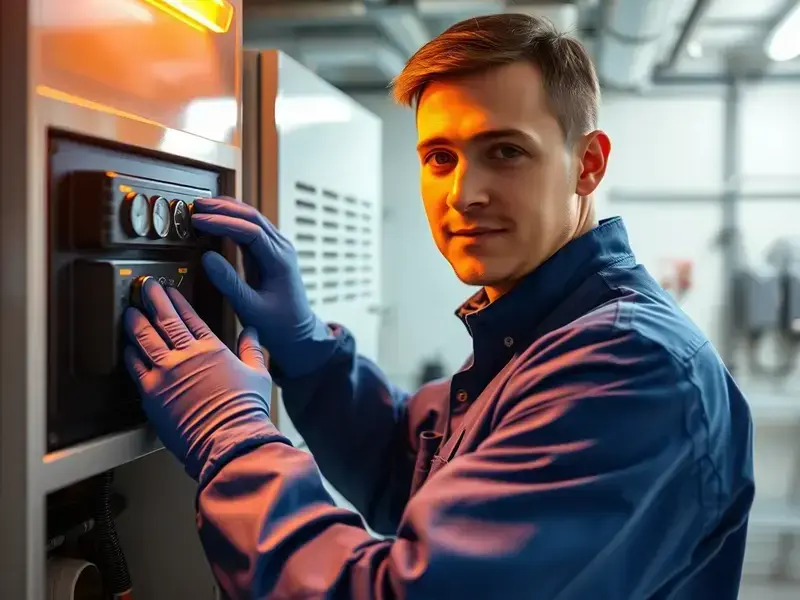 Professional heating technician working on furnace system